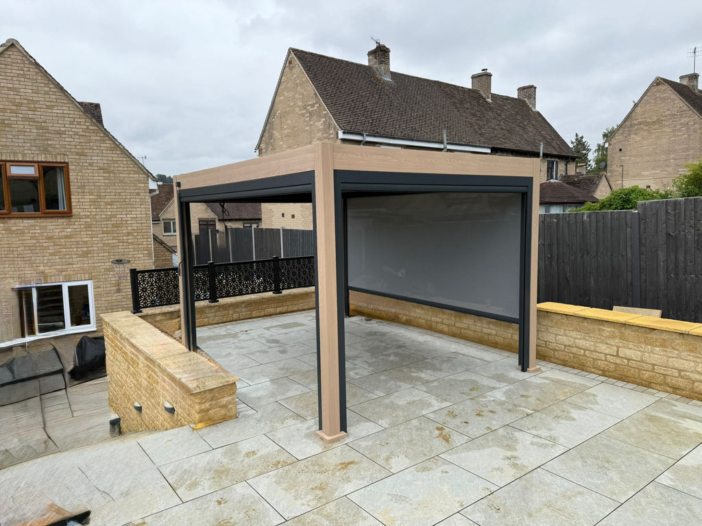 PergoLIFE - Amalfi Pergola Wood Effect With LED Lights 4 Side Pull Down Screens & 5 Year Warranty - Pergola