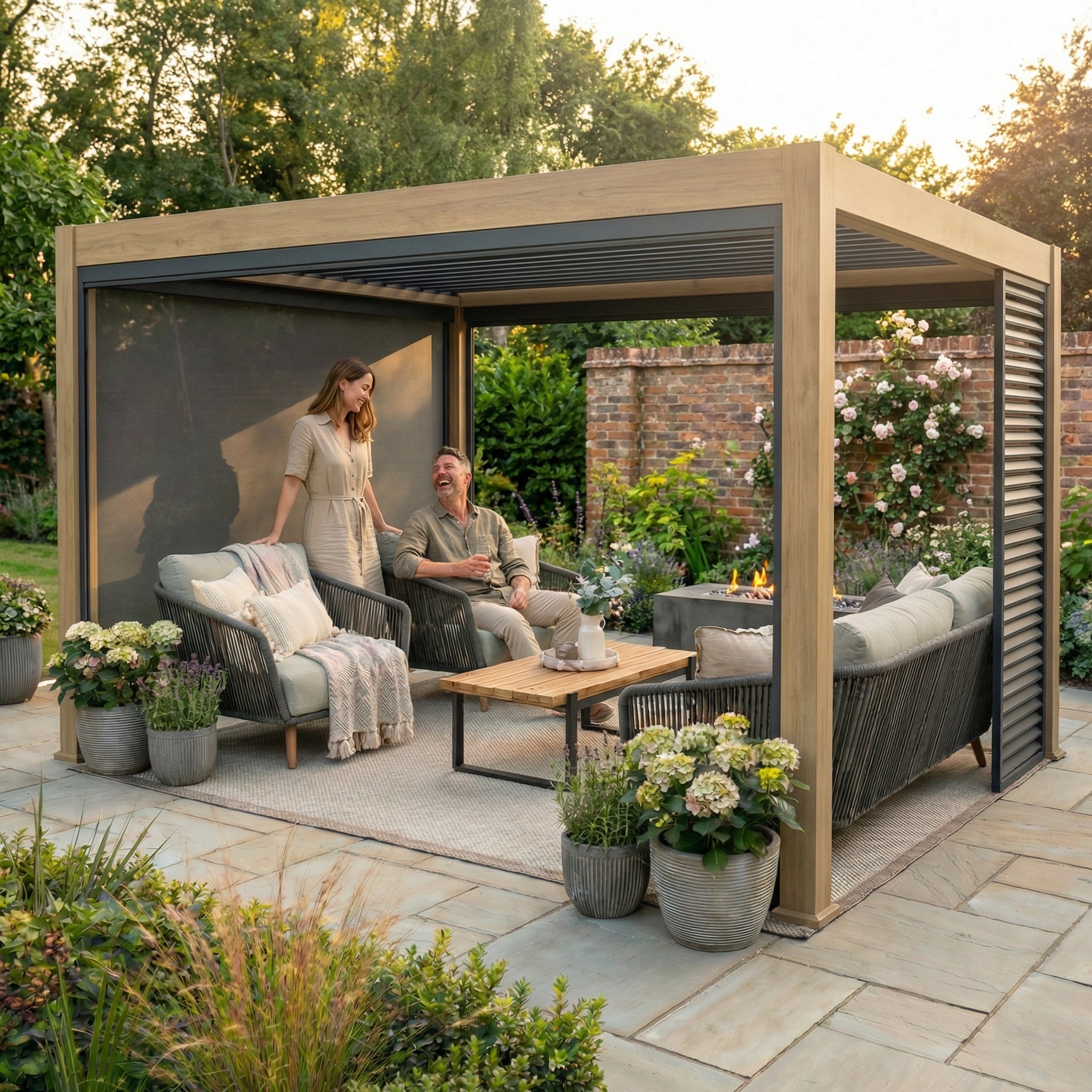 PergoLIFE - Amalfi Pergola Wood Effect With LED Lights 4 Side Pull Down Screens & 5 Year Warranty - Pergola